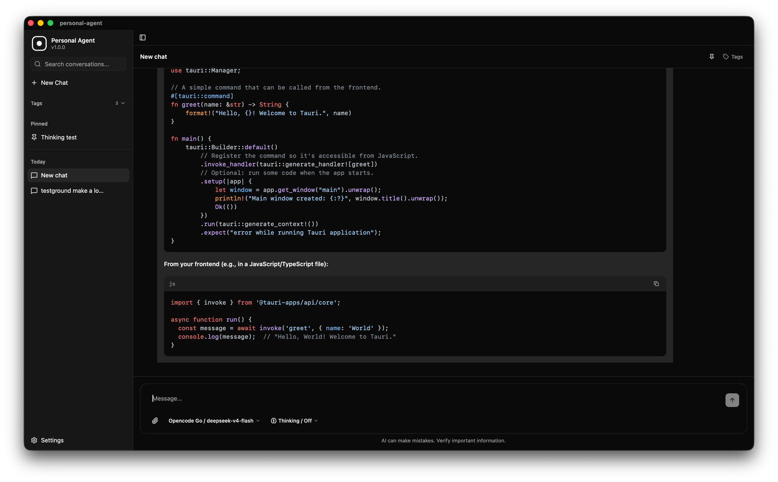 Chat interface with sidebar conversations, pinned and tagged chats, and a message input