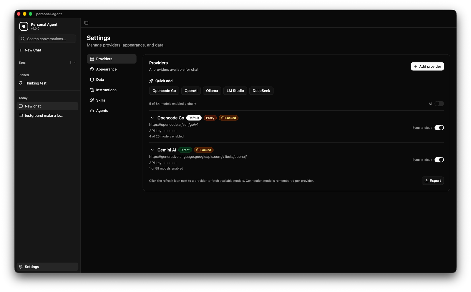 Provider and agent settings with connection testing and model discovery